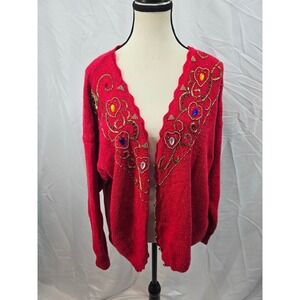 Sarah Richards Red Beaded Heart Embellished V Neck Cardigan Sweater Women 20W 40